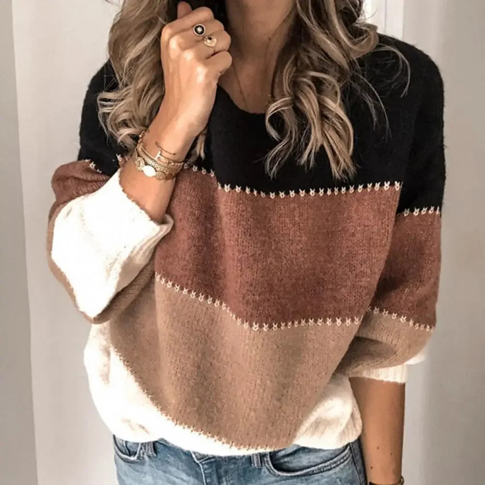 Dzianinowy sweter damski w paski z długim rękawem - Zolaro.pl
