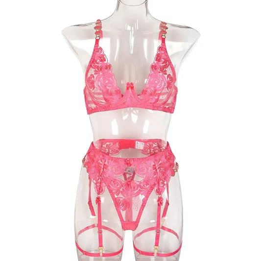 Komplet bielizny z pasem do pończoch z motywem kwiatów