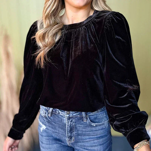 Welurowa damska bluzka z długim rękawem