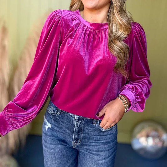 Welurowa damska bluzka z długim rękawem