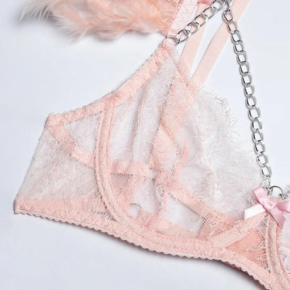 3-częściowy komplet bielizny koronkowej z ozdobnymi piórkami