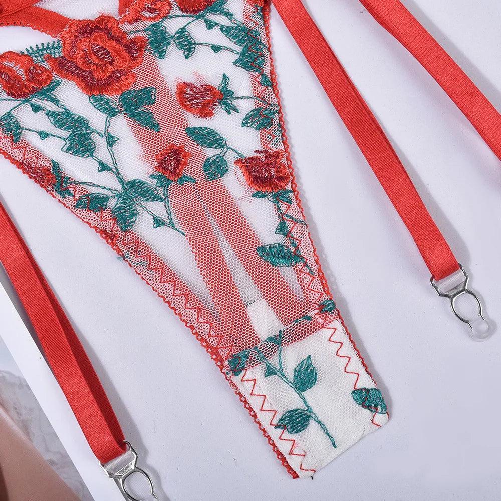 3-częściowy zestaw bielizny koronkowej w róże