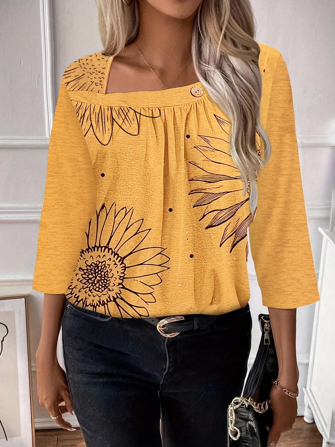 Damska bluzka w słoneczniki z rękawami 3/4