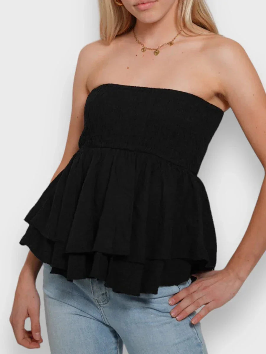 Damski top bez ramiączek z falbaną