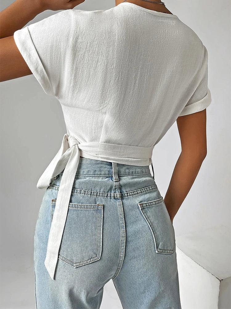 Damski wiązany top z krótkim rękawem