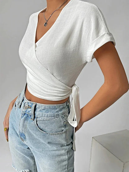 Damski wiązany top z krótkim rękawem