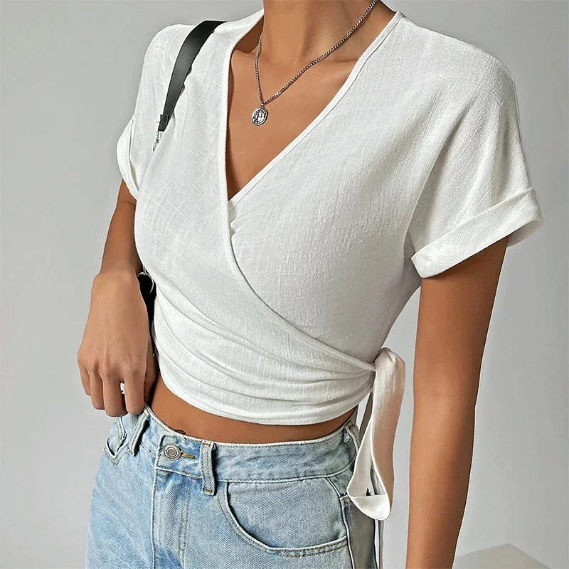 Damski wiązany top z krótkim rękawem