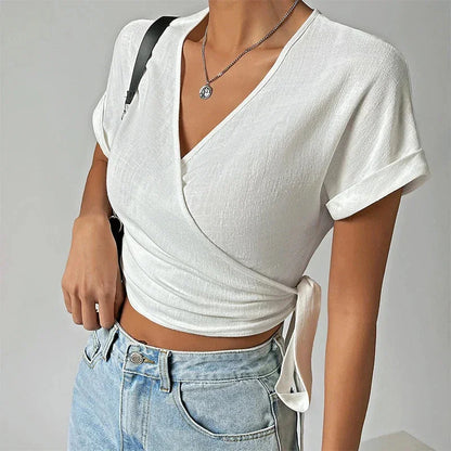 Damski wiązany top z krótkim rękawem