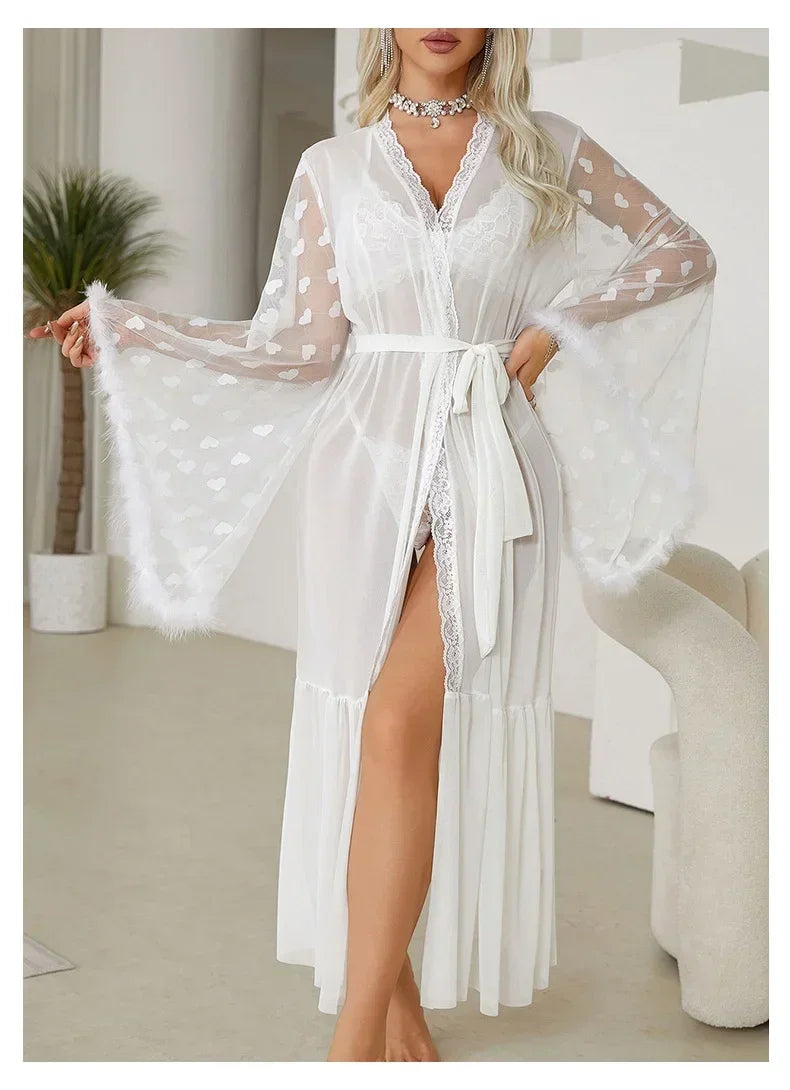 Długi szlafrok damski z prześwitującej siateczki