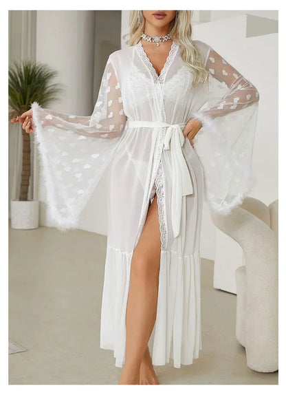 Długi szlafrok damski z prześwitującej siateczki