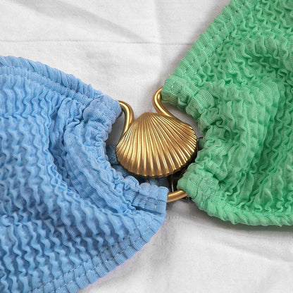 Dwuczęściowy kostium z prążkowanego materiału na jedno ramię