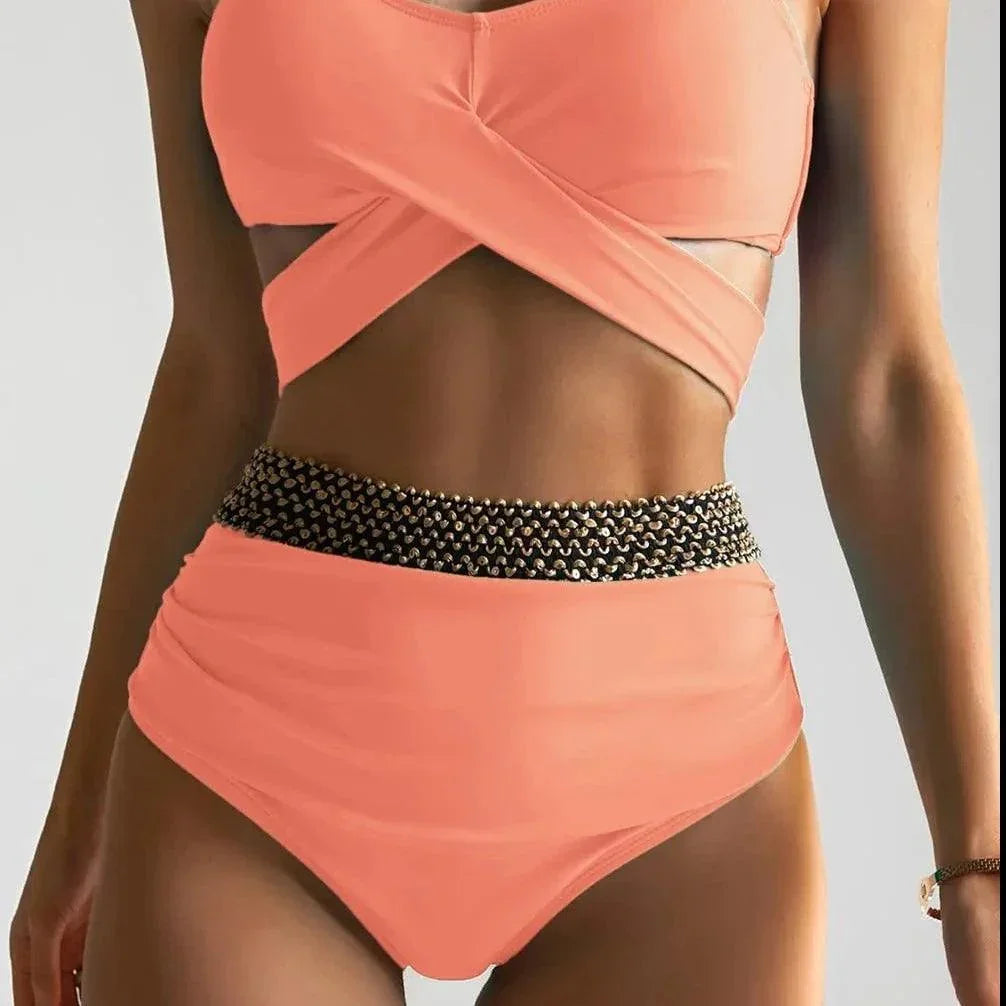 Dwuczęściowy strój kąpielowy z wysokim stanem