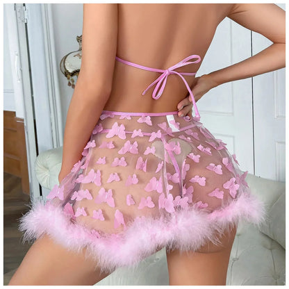 Komplet bielizny z naszywanymi motylkami i spódniczką