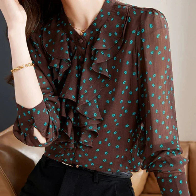 Koszula damska z ozdobnym kołnierzem w kwiatki