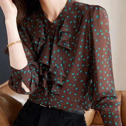 Koszula damska z ozdobnym kołnierzem w kwiatki