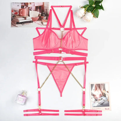 Lateksowy zestaw bielizny z łańcuszkami