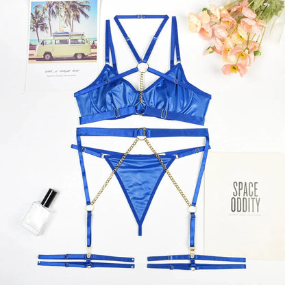 Lateksowy zestaw bielizny z łańcuszkami