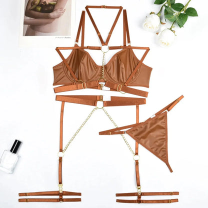 Lateksowy zestaw bielizny z łańcuszkami