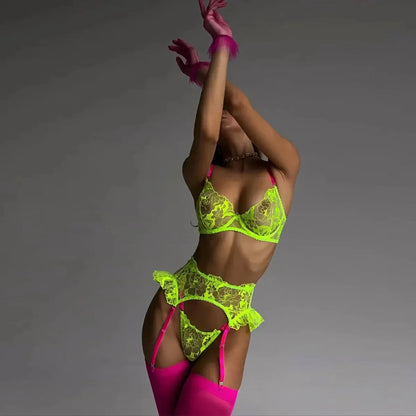 Neonowy komplet bielizny koronkowej