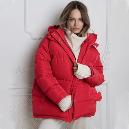 Puchowa kurtka damska wiązana w pasie