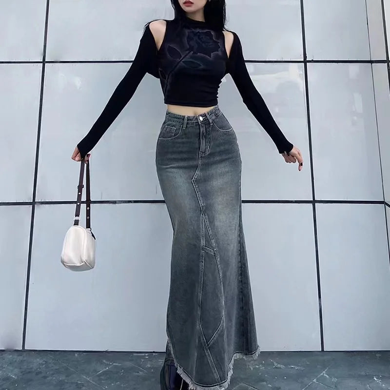 Retro spódnica jeansowa maxi