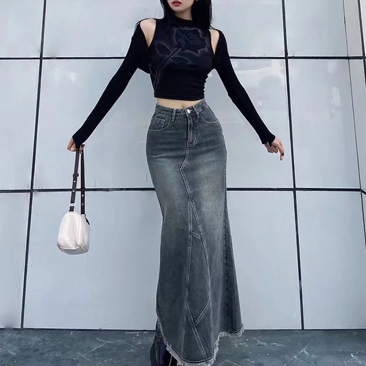 Retro spódnica jeansowa maxi