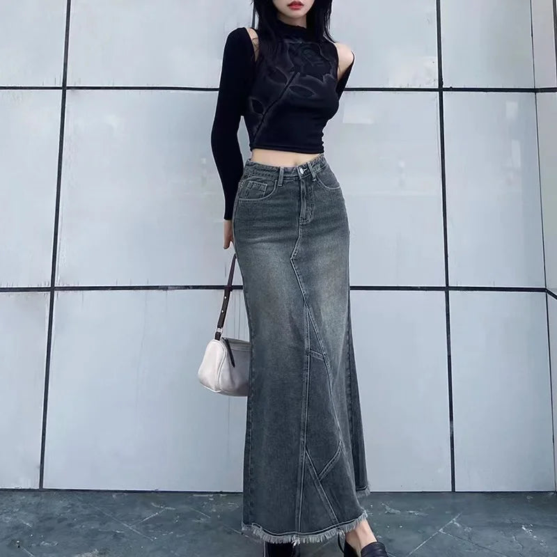 Retro spódnica jeansowa maxi