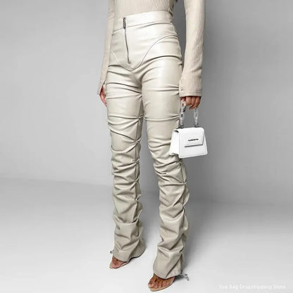 Spodnie skórzane damskie marszczone