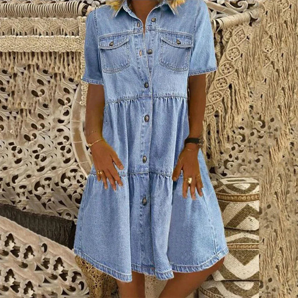 Sukienka szmizjerka jeansowa casualowa na krótki rękaw