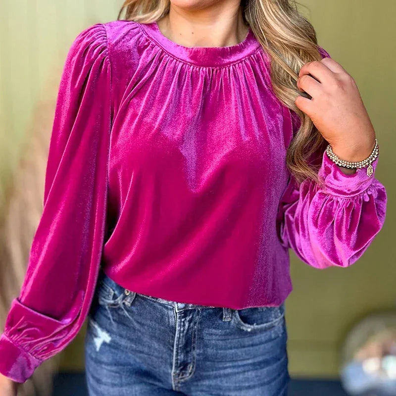 Welurowa damska bluzka z długim rękawem